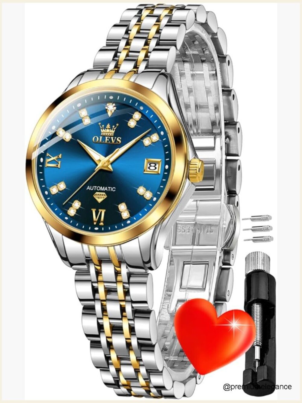 Automatic Skeleton Self Winding Watch Diamond Roman Dial Date Window Two Tone